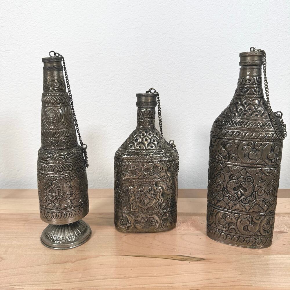 Vintage India Embossed Metal Decorative Flask Canteen Bottles Set of 3